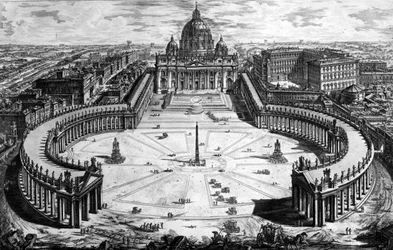 Vista de pájaro de la basílica de San Pedro y la plaza, de la serie «Vistas de Roma», hacia 1760